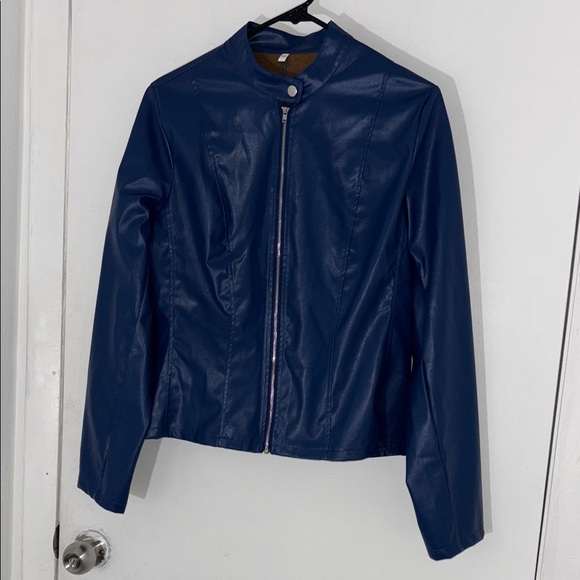 Navy Blue Faux Leather Moto Jacket with Stand-up Collar - Picture 1 of 3
